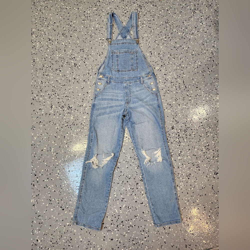 Celebrity Pink Blue Denim Stretch Rip Jean Bib Overalls Large Distressed Holes